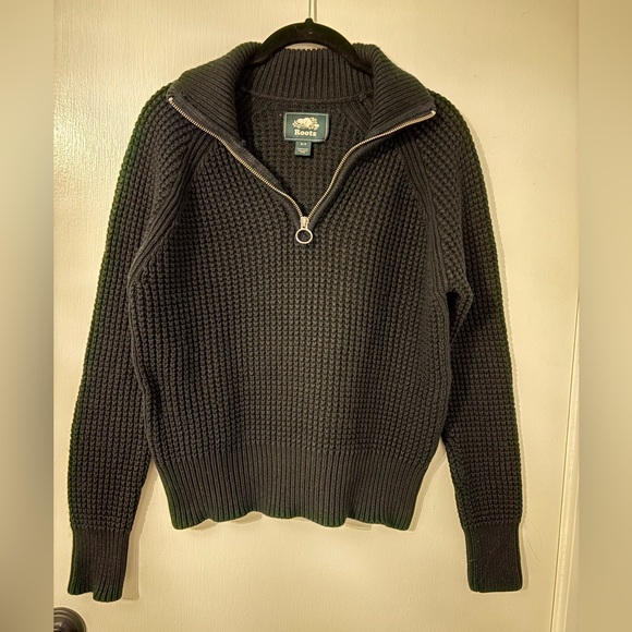 Roots | Waffle Knit | Quarter 1/4 Zip Sweater | Black | Small | Cotton Wool - Picture 1 of 4